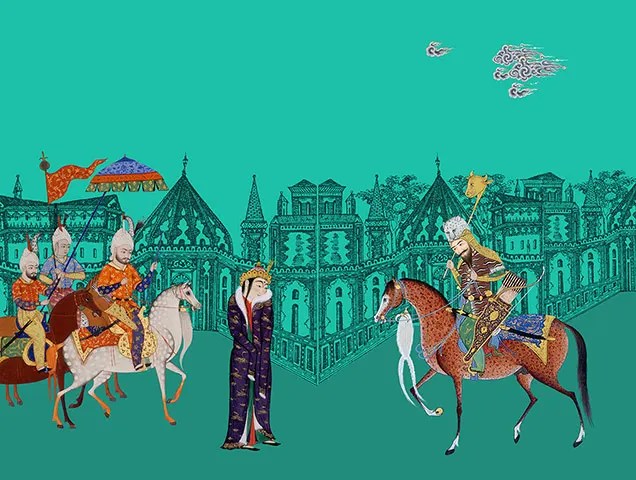 Image shows Rostam bidding farewell to Tahmineh after their night together. Rostam is on the right side of the screen, riding Rakhsh. Tahmineh is in the middle of the screen, holding her cloak close. 