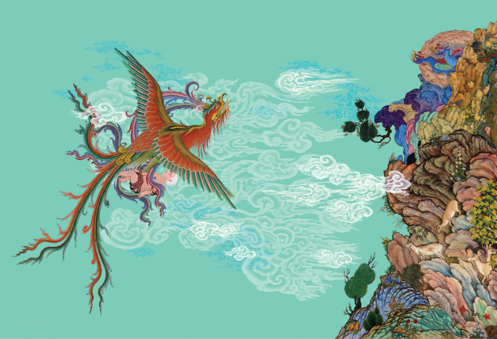 The Simurgh flies through the air, taking Zal to her nest. The Simurgh is a giant red bird with multicoloured feathers and a long trailing tail. In her claws is the white haired child, Zal. To the right of the image is the mountainside where the simurgh's babies are resting. 