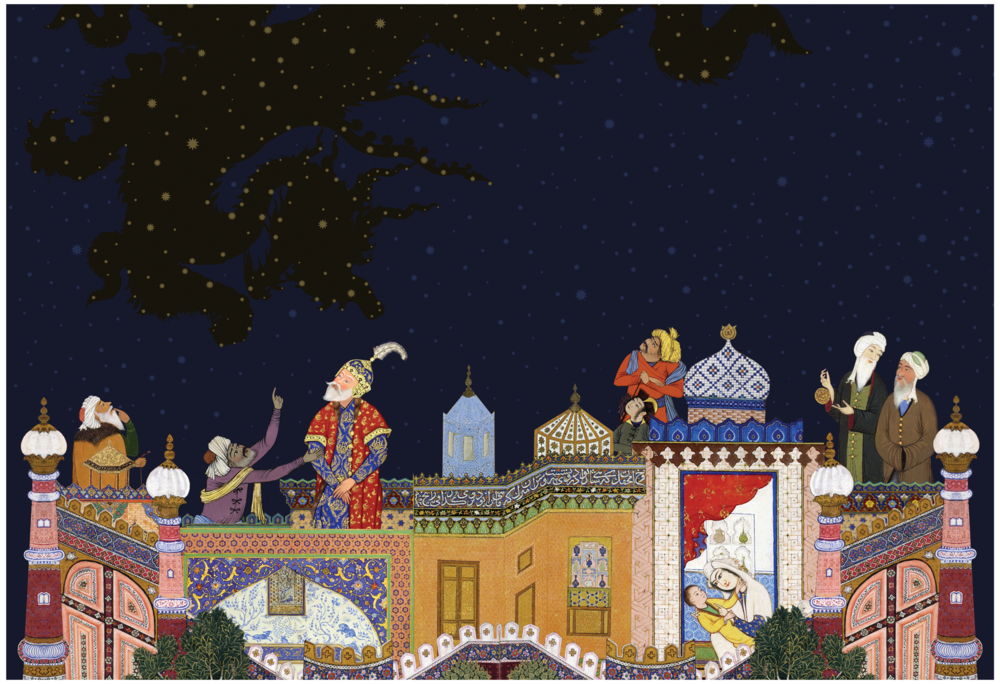 Image shows Zal consulting his sages and astrologers while his son, Shaghad is born, in the room below. The sages looks concerned. 