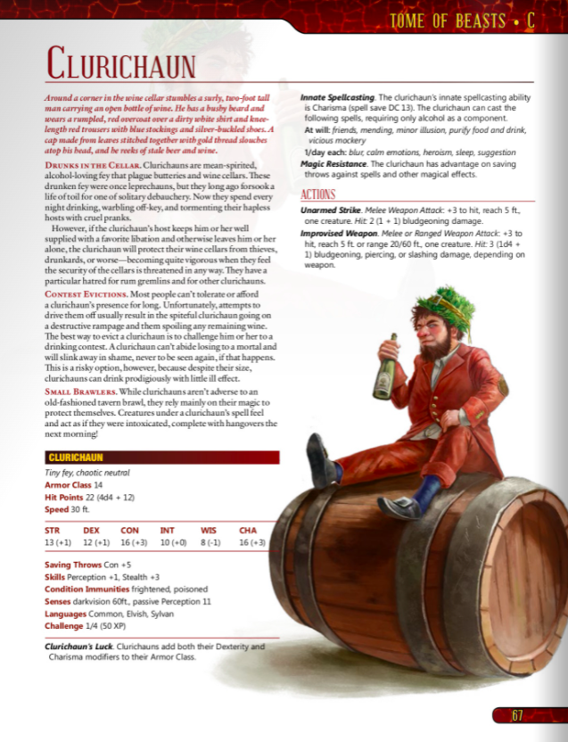 This image shows the Cluricaune, the cousin of the leprechaun, as shown in the DnD companion book, "Tome of Beasts." 