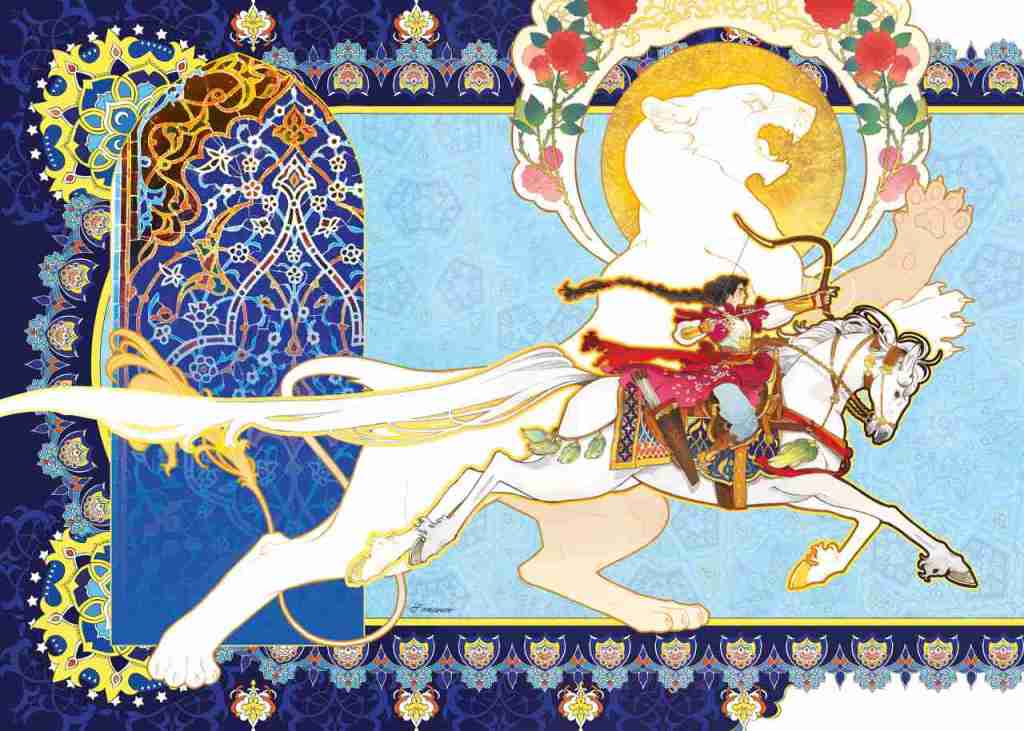 Image by "the-savage-nymph-art" showing Gordafarid on horseback with her bow and arrow drawn. The background uses islamic art deco. 