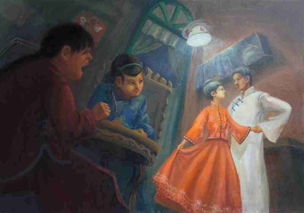 The image could show pockface and the stepmother watching Beauty with her new husband. It could also be a depiction of Cinderella at the ball or party. 