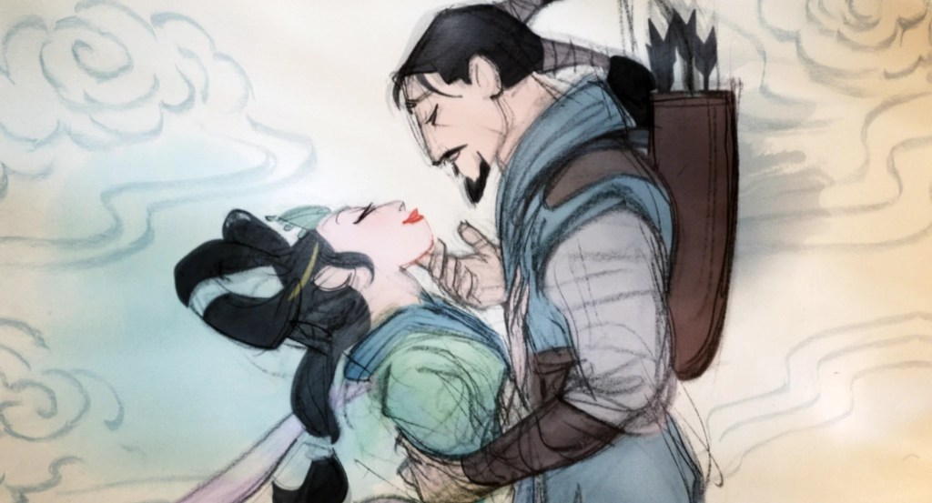 Image from Netflix and PearlStudios' "Over the Moon" Image shows Chang'e looking up at Hou Yi with love. 