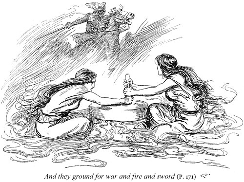 Image from "Tale of the Sagas" by Alice S. Hoffman, illustrated by Gordon Browne. Shows the two giantess' Fenja and Menja turning the quern and wishing for war and disaster. 