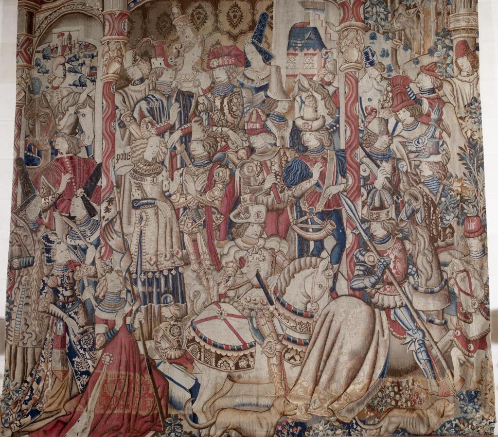 This Flemish Tapestry, housed in the Walter Art Museum, depicts Meleager (on horseback) and Atalanta (in front of the left column)