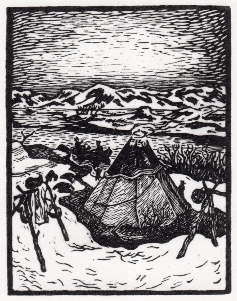 Wood print "Spring" by Sámi artist John Savio.  Shows fire outside a small hut, people rowing in the river and mountains in the background. 