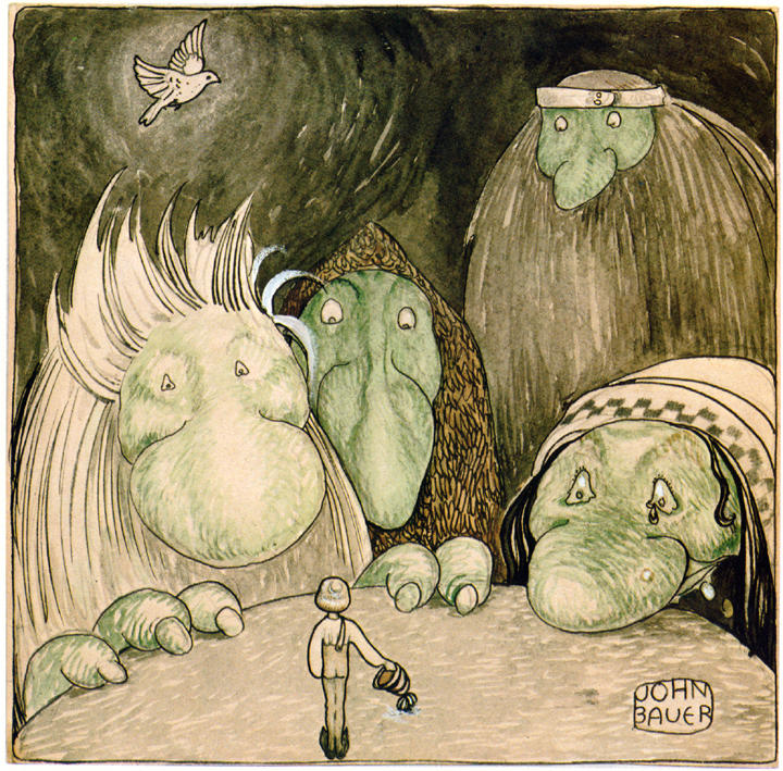 Illustration by John Bauer for " Pojken och Tomtemössan " by Vilhälm Nordin in "Bland tomtar och troll" (Among gnomes and trolls), 1910. Wikimedia Commons. Shows trolls staring down at lad with a magical hat. 